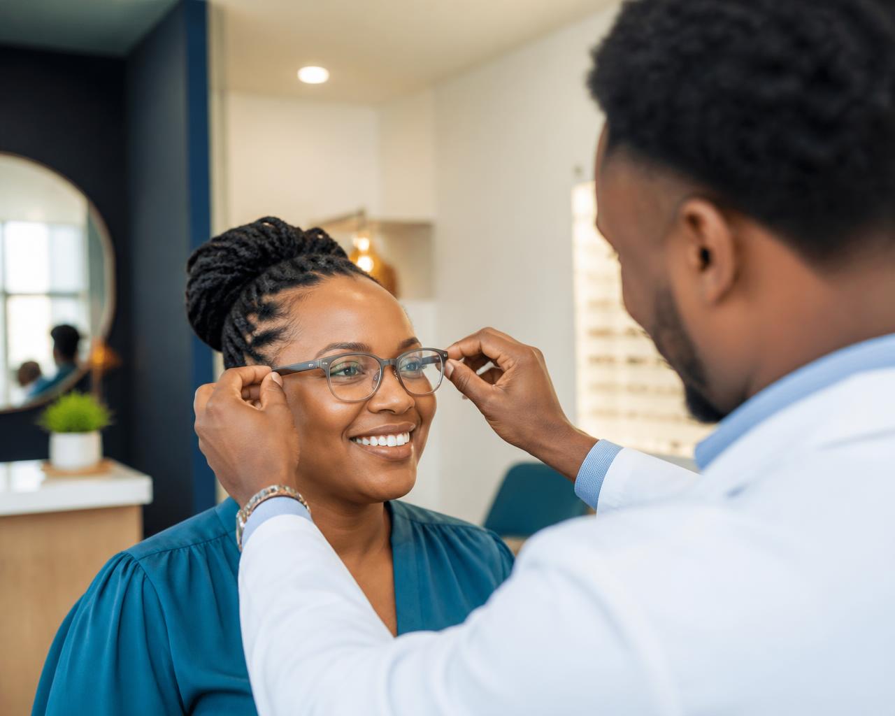 An optometrist fitting prescription glasses for a customer at a Zimbabwean eye clinic